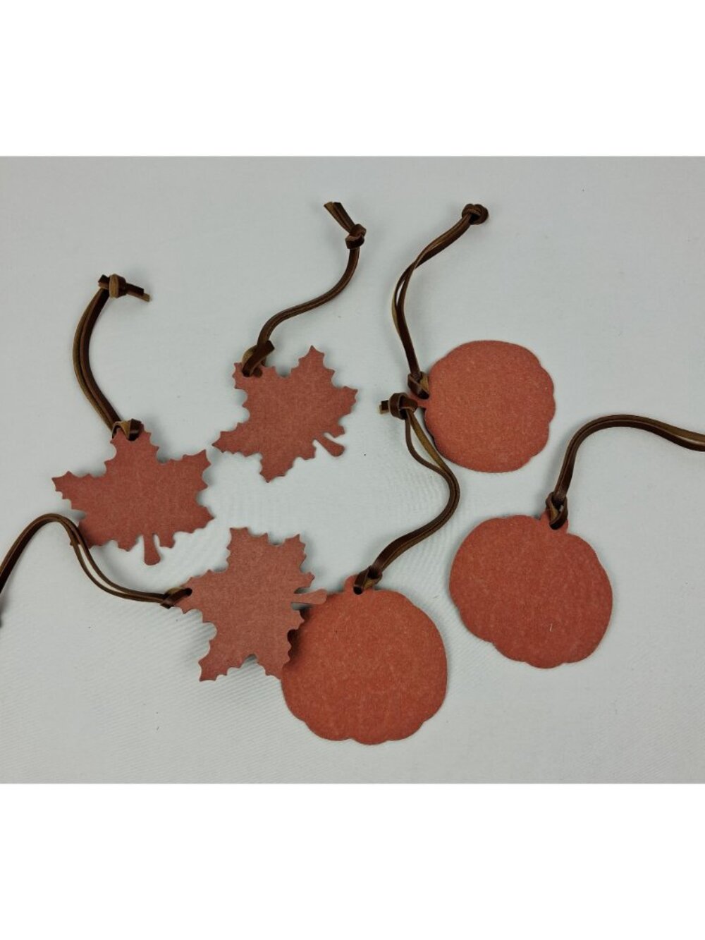 Fall-Themed 3" Faux Leather Tags Maple Leaf & Pumpkin Shapes Grateful Thankful - Picture 3 of 5